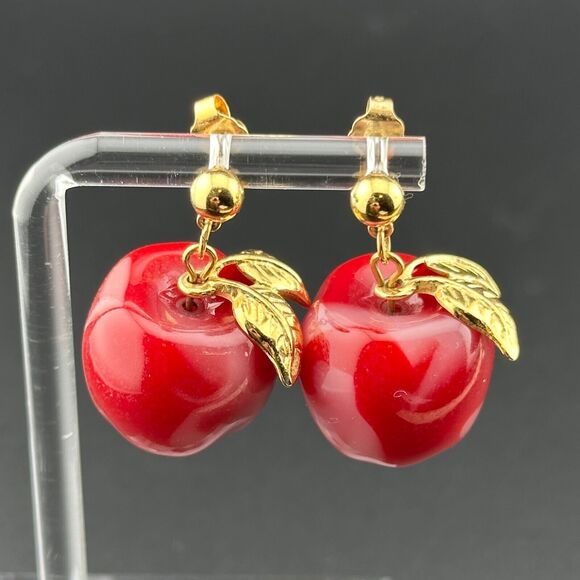 Vintage Avon Gold Tone & Red Light Pink Swirl Lucite Apple Dangle Earrings 1 in - Picture 10 of 12